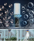 Diagram of Outdoor Misting Filter With Calcium Inhibitor showing filtration of particles like Pb, Zn, Ca, with clogged and smooth spray images.