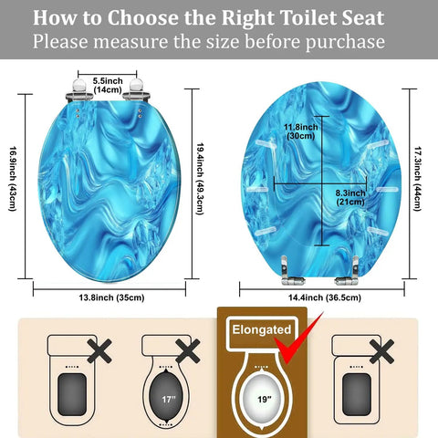 Toilet Seat Elongated Quiet Close for Bathroom, measuring 19.4" x 13.8" with a blue marble design, ideal for elongated toilets.