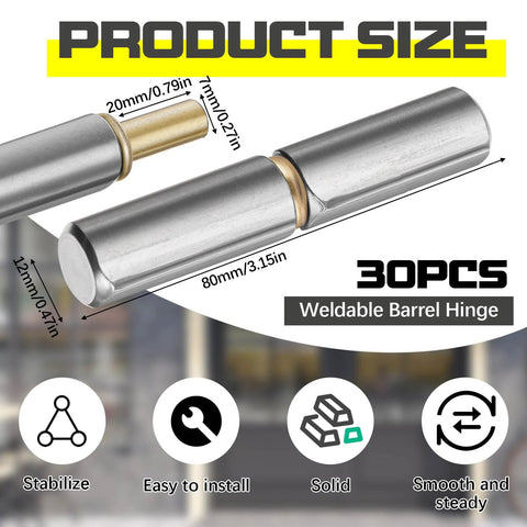 Yaocom 30-pack weldable barrel hinges, 3-1/8 x 1/2 in, carbon steel with brass pin for doors, gates, trailers.