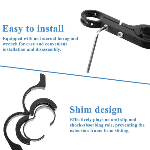 11.81 Inch Aluminum Bike Handlebar Extender Mount Bar Riser with double clamp, hexagonal wrench, and shim for 0.875 to 1.26 inch bars.