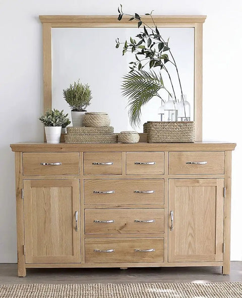 Wooden dresser with mirror featuring Red Oak Wood Veneer Sheet Peel And Stick 24x48 Flat Cut A Grade Face For Furniture Restoration.