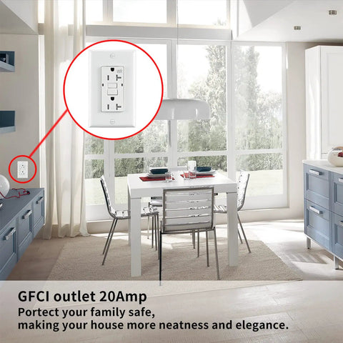 GFCI Outlet 20 Amp Weather Resistant Tamper Resistant Self Test Receptacle With Copper Clip UL Listed White in kitchen setting