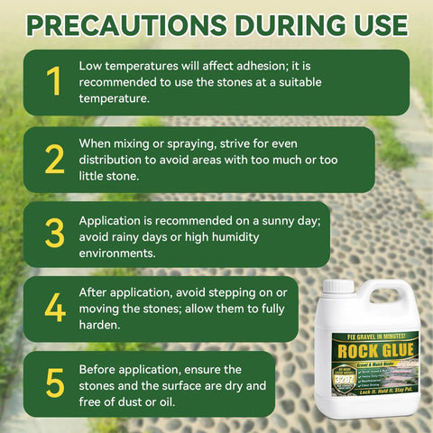 Relief with precautions and bottle of Beefed Up Gravel Glue For Landscaping That Locks Pebbles In Place, 32 Oz Decomposed Granite Stabilizer.