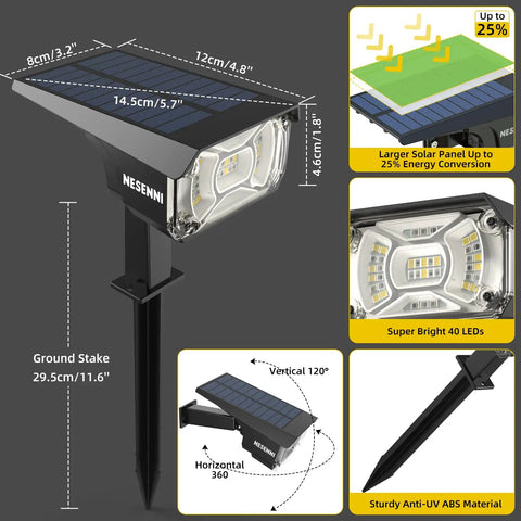 Color Changing Solar Outdoor Spotlights With 9 Lighting Modes And 40 LED Multicolor Lights IP65 Waterproof Garden Pathway Lamps specifications