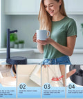 Woman using Smart Table Water Dispenser For 5 Gallon Bottle With Desktop Pump, Portable Countertop Hydration Station with setup steps