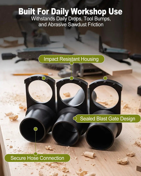 Slick 2.2 Inch Woodworking Dust Collector 3 Way Splitter With Independent Blast Gates showcasing impact resistant housing and secure hose connections.