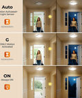 Three settings for Dimmable Motion Sensor LED Ceiling Light With Remote, Auto, Motion-Activated, Always On, in bright hallway