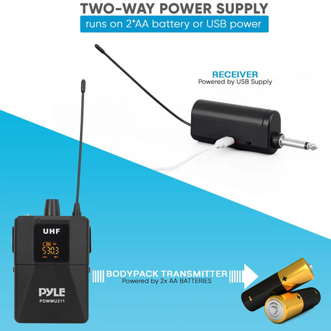 Dual UHF Wireless Microphone System Kit With Headset Or Lavalier Mics, Beltpack Transmitter And Receiver, power options display