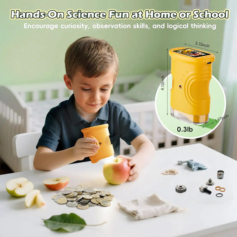 Kids 1000X Digital Microscope With 1080P HD Screen Handheld Science Toy For Exploring Insects Leaves Veins Textures Skin And Everyday Objects On The Go Totally Fun Educational Tool For STEM Learning, child using yellow handheld microscope on apple