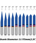 Dope 10 Piece One Eighth Inch Shank V Groove CNC Router Bits Set With 10 15 20 25 30 40 45 60 90 Degree Angles Nano Blue Coat
