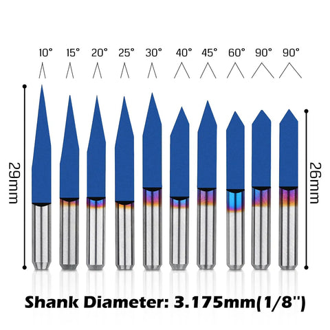 Dope 10 Piece One Eighth Inch Shank V Groove CNC Router Bits Set With 10 15 20 25 30 40 45 60 90 Degree Angles Nano Blue Coat
