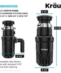 Front view of Kraus 1/2-Horsepower Continuous-Feed Garbage Disposal With Ultra-Quiet Motor, showing dimensions and features.