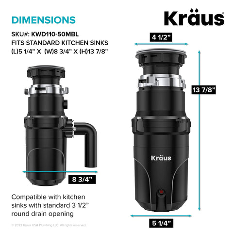 Front view of Kraus 1/2-Horsepower Continuous-Feed Garbage Disposal With Ultra-Quiet Motor, showing dimensions and features.