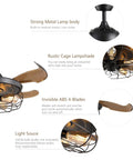 42 Inch Slick Industrial Retractable Ceiling Fan With Lights And Remote Retro Black Cage Chandelier Style Fandelier showing rustic cage and blade details.