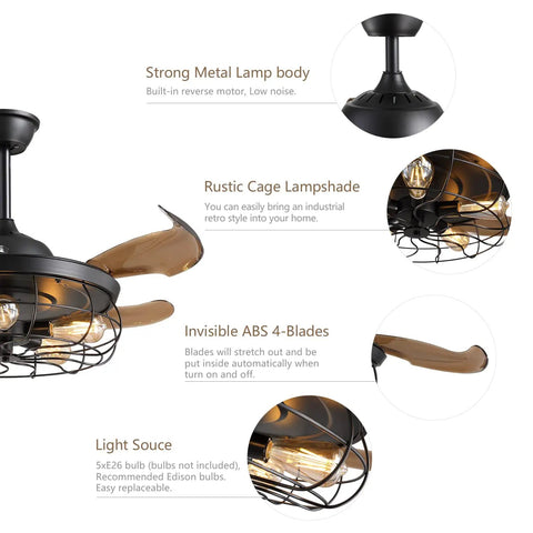 42 Inch Slick Industrial Retractable Ceiling Fan With Lights And Remote Retro Black Cage Chandelier Style Fandelier showing rustic cage and blade details.