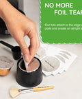 Person placing reusable aluminum lid on VertuoLine capsule; features 100 pack foil seals for Nespresso Vertuo pods.