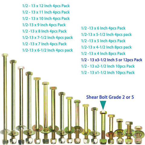 Hella Tough Half Inch By Twelve Inch Hex Head Bolts Forged From Quality Alloy Steel With Secure Nylon Locknuts And Oversized Flange Washers For Heavy Duty Garage Builds, displayed in various lengths.