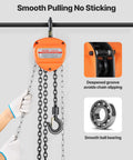 Close-up of Hand Chain Hoist 1100 Lb Capacity Half Ton With 10 Ft Lift Galvanized G80 Chain, showing smooth pulling mechanism.