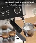 Next Level Espresso Machine With Built In Grinder And Automatic Milk Frother Compact Countertop 20 Bar High Pressure Pump brewing coffee with professional steam wand.