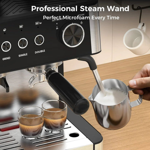Next Level Espresso Machine With Built In Grinder And Automatic Milk Frother Compact Countertop 20 Bar High Pressure Pump brewing coffee with professional steam wand.