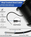 One Eighth Inch Wire Rope Kit With 200 Feet Black Vinyl Coated Stainless Steel Cable And M5 Turnbuckles All In One For String Lights Clothesline Garden Trellis Curtain DIY Outdoor Backyard Ready, featuring a close-up of 1/8 inch vinyl coated steel cable spool, highlighting its waterproof and wear-resistant properties along with a diagram showing the layers and thickness of the cable.