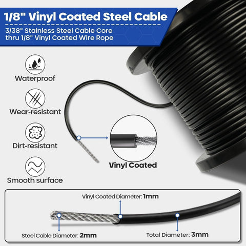 One Eighth Inch Wire Rope Kit With 200 Feet Black Vinyl Coated Stainless Steel Cable And M5 Turnbuckles All In One For String Lights Clothesline Garden Trellis Curtain DIY Outdoor Backyard Ready, featuring a close-up of 1/8 inch vinyl coated steel cable spool, highlighting its waterproof and wear-resistant properties along with a diagram showing the layers and thickness of the cable.