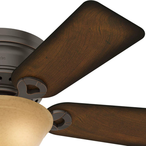 Close-up of Conroy Onyx Bengal 42 Inch Low Profile Ceiling Fan With LED Light Kit and Pull Chain, wooden blades, marble glass light