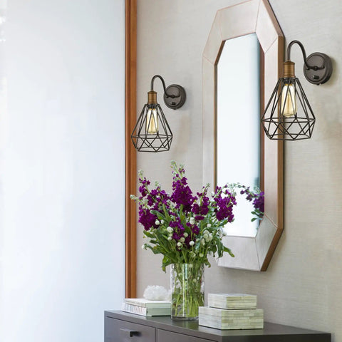 Farmhouse Plug In Wall Sconce Set Of 2 Oil Rubbed Bronze Industrial Gooseneck Lights With Polygon Cage And Easy On Off Switch For Bedroom Hallway And Living Room Decor
