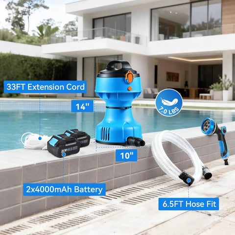 Cordless Water Transfer Pump 750 GPH With 30 Foot Lift Powerful Submersible Pump With 21V Dual 4000mAh Batteries and charger by pool.
