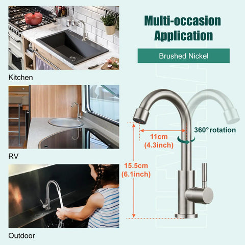 Slick Single Handle Gooseneck Bar Sink Faucet Finished In Brushed Nickel And Built From Commercial Grade SUS304 Stainless Steel For No Sweat Mounting And Rock Solid Rust Resistance in kitchen and RV.