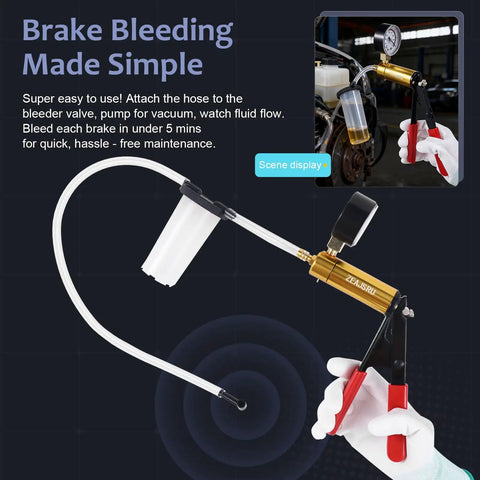 Handheld Brake Bleeder Kit With Vacuum Pump And Pressure Gauge For Cars Motorcycles ATVs Includes Hoses Adapters Reservoir All In One Brake Fluid Bleeding Tool Set For Easy One Person Automotive Vacuum Diagnostics on brake caliper