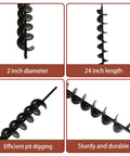 Auger Drill Bit for Planting Bulbs, 2 Inch Diameter, 24 Inch Length, Heavy Duty Alloy Steel, Close-Up Views and Dimensions
