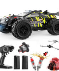 1/14 Scale Fast Brushless RC Car For Adults With 43 MPH Top Speed, 4x4 Off Road Monster Truggy and parts displayed