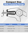 Diagram showing wide clamping range of the 11 Piece Car Body Dent Repair Clamp And Pliers Set For Quick Fix And Strong Hold.