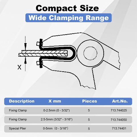 Diagram showing wide clamping range of the 11 Piece Car Body Dent Repair Clamp And Pliers Set For Quick Fix And Strong Hold.