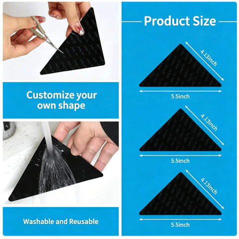 Triangle Rug Grippers For Area Rugs Set Of 12 Non Slip Pads For Hardwood Tile Or Marble Floors Dual Sided Adhesive shown with size