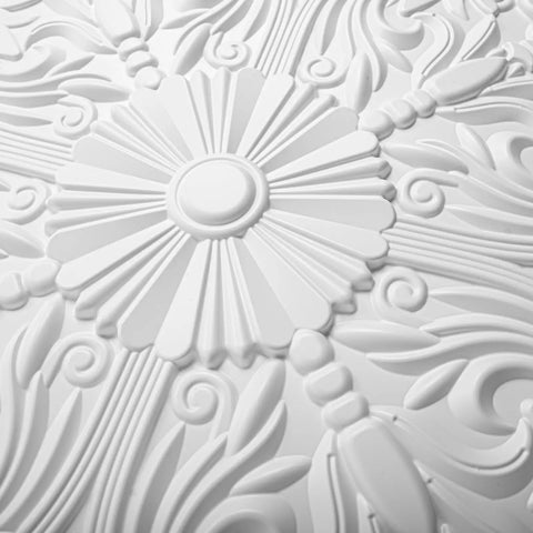 Dope Drop Ceiling Upgrade Kit With Decorative 2x2 Tile Set, 24x24 In, Spanish Floral Matte White PVC, close-up of design