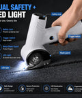 Built Tough Cordless Electric Cutter With 4V Motor And 3000mAh Battery, Rotary Shears with LED light and safety lock in use on fabric.