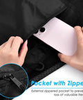 Hands accessing external zippered pocket on Heavy Duty Mesh Drawstring Bags Set for Sports Gear Gym Beach Travel Camping