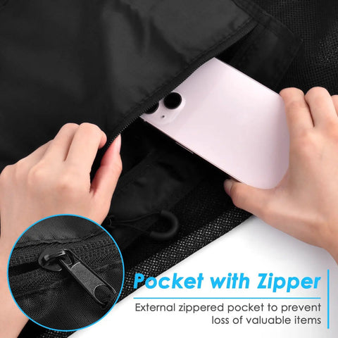 Hands accessing external zippered pocket on Heavy Duty Mesh Drawstring Bags Set for Sports Gear Gym Beach Travel Camping