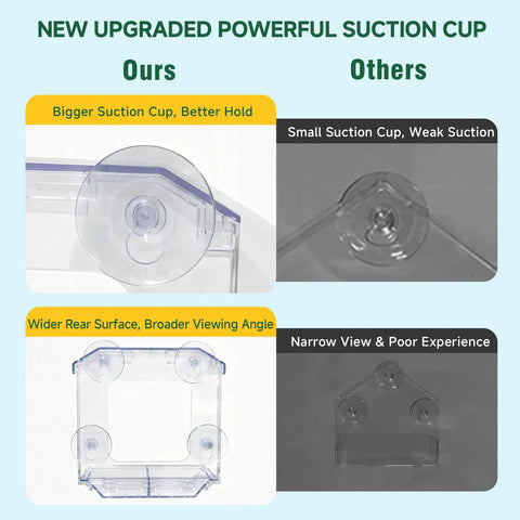 Comparison of window bird feeder with 4 ultra strong suction cups and dual seed tray versus competitor with smaller suction cups.