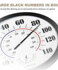 10 Inch Indoor Outdoor Thermometer With Large Readout No Battery Needed Calibrates Automatically In About 3 Hours Built In Temperature And Humidity Sensor For Home Garden Patio And Outdoor Decor Black close-up dial with bold black numbers