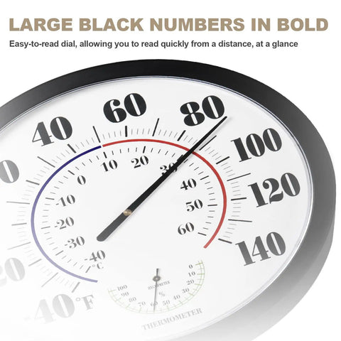 10 Inch Indoor Outdoor Thermometer With Large Readout No Battery Needed Calibrates Automatically In About 3 Hours Built In Temperature And Humidity Sensor For Home Garden Patio And Outdoor Decor Black close-up dial with bold black numbers