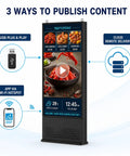 55 Inch Outdoor Digital Signage Kiosk With 3000 Nits Sun Crushing Lcd Display showcasing content publishing options via USB, app, and cloud.