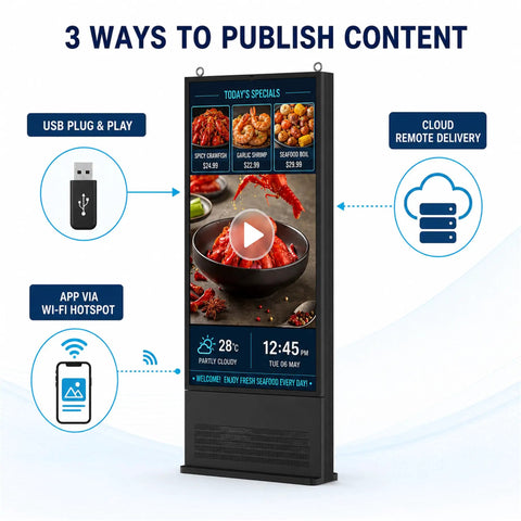 55 Inch Outdoor Digital Signage Kiosk With 3000 Nits Sun Crushing Lcd Display showcasing content publishing options via USB, app, and cloud.