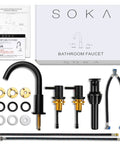 8 To 16 Inches Widespread Matte Black Bathroom Faucet With Two Handles, Sleek Modern Industrial Vanity Sink Faucet, Three Hole Install No Fuss, Pop Up Drain, Built Tough Stainless Steel, Great For Home Or Commercial Use components displayed