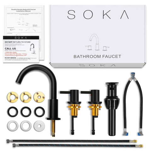 8 To 16 Inches Widespread Matte Black Bathroom Faucet With Two Handles, Sleek Modern Industrial Vanity Sink Faucet, Three Hole Install No Fuss, Pop Up Drain, Built Tough Stainless Steel, Great For Home Or Commercial Use components displayed