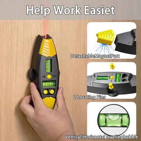 3-in-1 Magnetic Stud Finder with Laser, Wall Scanner with 2 Detachable Magnetic Positioning Modules & 4 Wooden Surface Locator Pins, Stud Finder Leveler Tool for Home Renovation Inspection in use on a wooden wall.