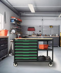 Beast Rolling Tool Cart Cabinet With 7 Lockable Drawers Double Shelves And Wood Workbench Heavy Duty Steel Construction in garage