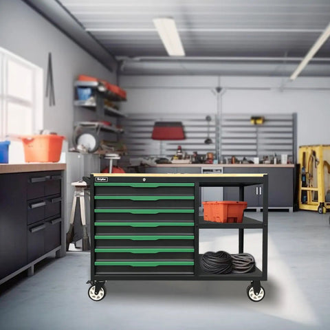 7 Drawer Rolling Tool Cart Chest With Wood Workbench And Double Shelves Lockable Drawers Beefy Steel Build With Smooth Brake Wheels in a workshop
